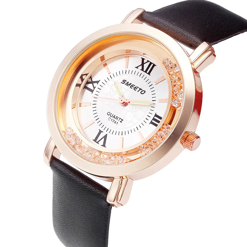 Liquid Sand Watch, Diamond Quartz Watch, Waterproof Leather Strap