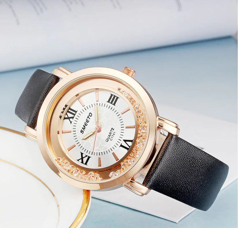 Liquid Sand Watch, Diamond Quartz Watch, Waterproof Leather Strap