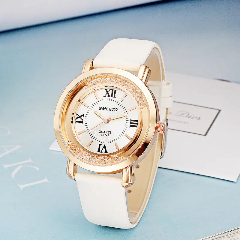 Liquid Sand Watch, Diamond Quartz Watch, Waterproof Leather Strap