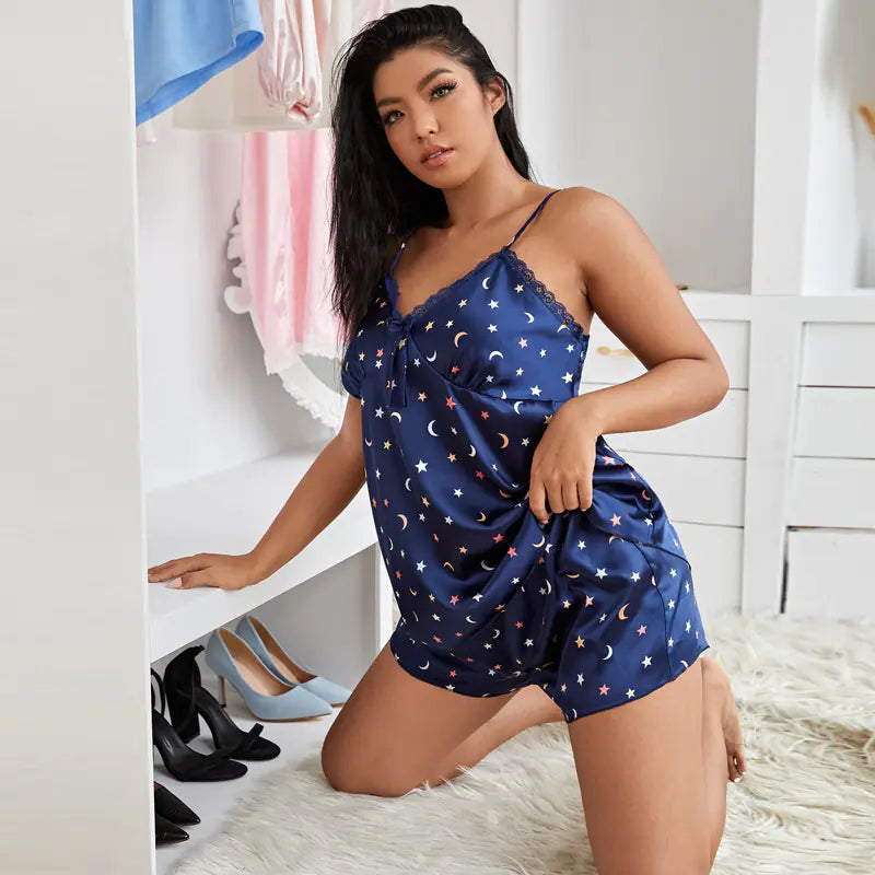 Plus Size Backless Sling Sleepwear Set with Shorts